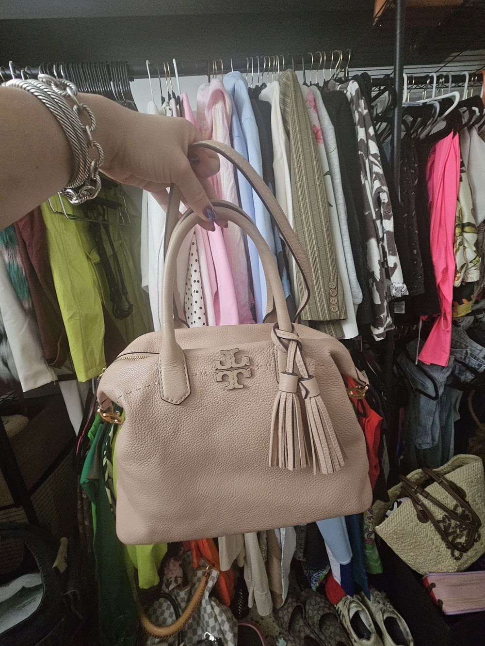 Tory Burch Blush Pebbled Leather Satchel with Tassel